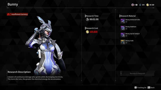 A screenshot of the menus in The First Descendant shows requirements to unlock Bunny.