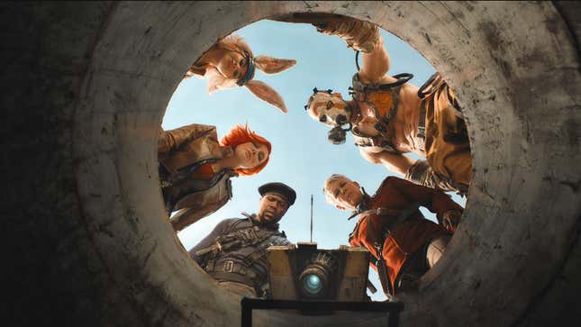 The cast of Borderlands looks down a hole.