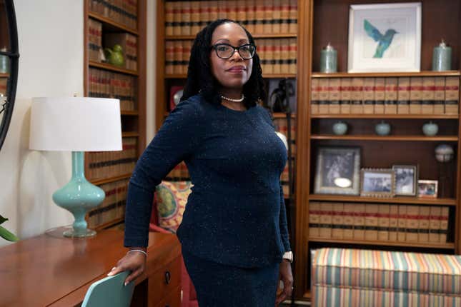 Judge Ketanji Brown Jackson, a U.S. Circuit Judge on the U.S. Court of Appeals for the District of Columbia Circuit, poses for a portrait, Feb., 18, 2022, in her office at the court in Washington. Jackson’s Supreme Court nomination confirmation hearing starts March 21. If confirmed, she would be the court’s first Black female justice.