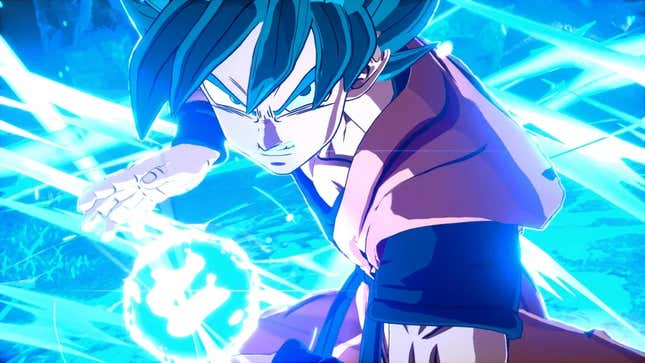 A screenshot of Dragon Ball: Sparking Zero showing a variant of Goku using his signature Kamehameha Wave move.