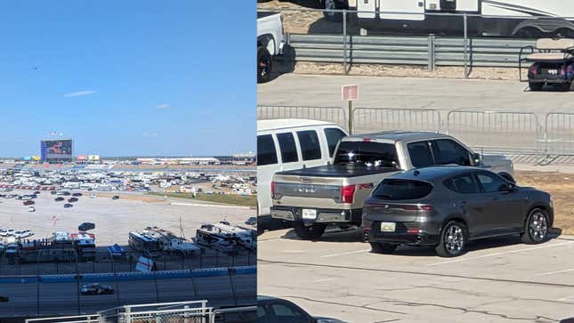 My view of the Alfa Romeo Tonale parked in the infield of Texas Motor Speedway from the grandstands