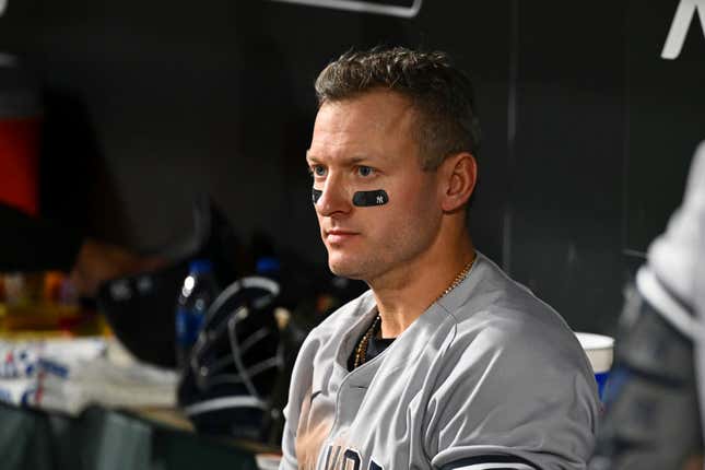 New York Yankees’ Josh Donaldson looks on from the dugout during the ninth inning of a baseball game against the Baltimore Orioles, Wednesday, May 18, 2022, in Baltimore.