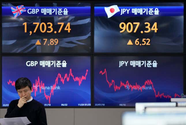 A currency trader reads documents at the foreign exchange dealing room of the KEB Hana Bank headquarters in Seoul, South Korea, Thursday, Jan. 25, 2024. Asian shares were mostly higher on Thursday, with Chinese stocks extending gains after Beijing announced a raft of policies to support sagging markets. (AP Photo/Ahn Young-joon)