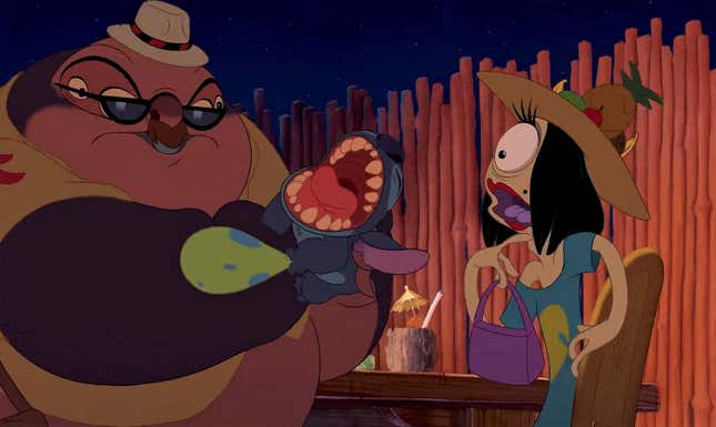 Stitch prepares to bite Jumba as Pleakley gasps and clutches his purse.