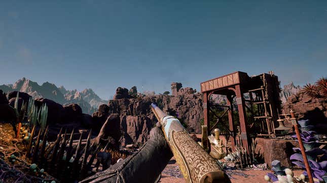 An image in first-person of a character holding a gun named Izmalt's Meteoric Apparatus in Avowed.