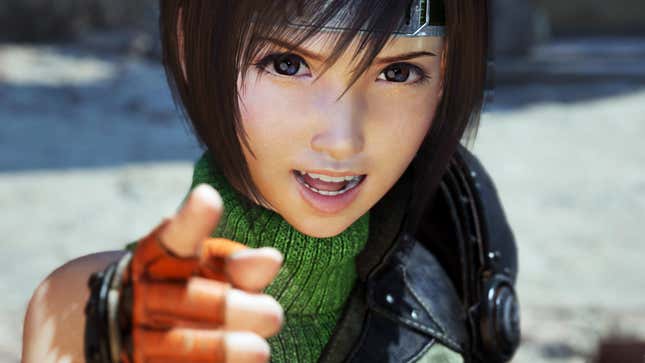 Yuffie points at the camera.