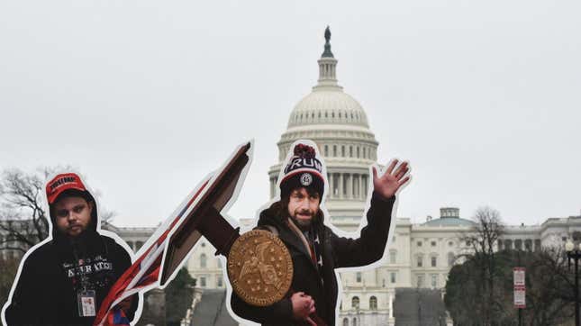 An effigy of Twitter CEO, Jack Dorsey (C), dressed as a January 6, 2021, insurrectionist is placed near the US Capitol in Washington, DC, on March 25, 2021.