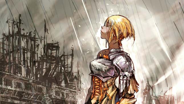 A woman with short blonde hair wearing armor stands in the rain