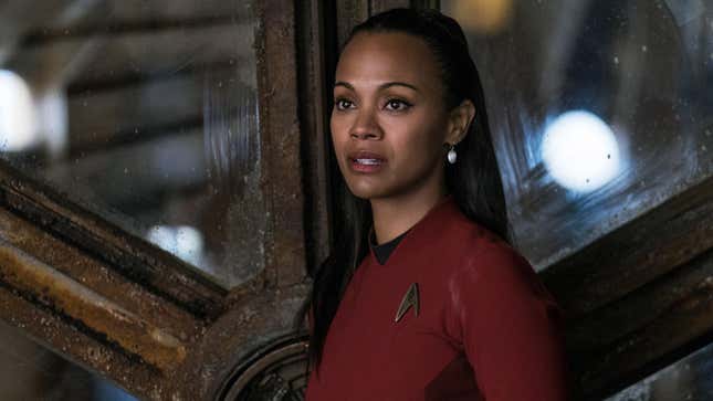 Zoe Saldana as Uhura in the recent Star Trek films wears her red Starfleet uniform,