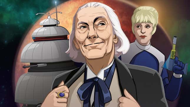 An animated Chumbley, the First Doctor, and a Drahvin on the cover of Doctor Who's latest lost story re-release, "Galaxy 4",