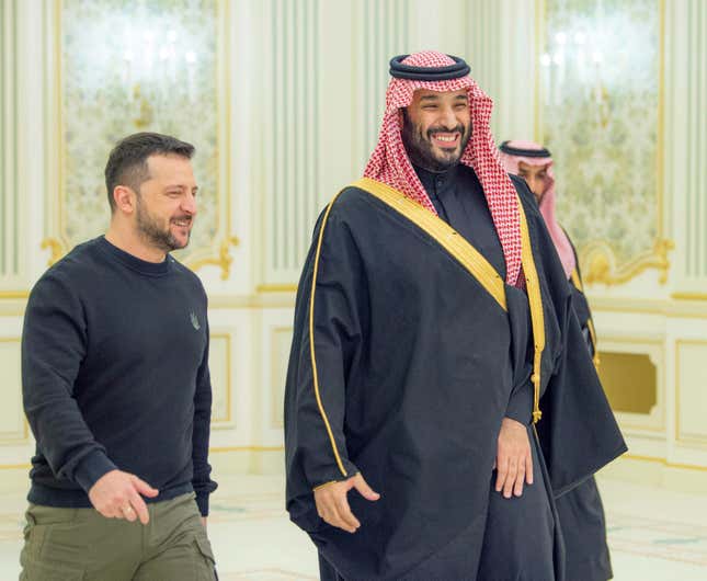 This handout image from the state-run Saudi Press Agency shows Ukrainian President Volodymyr Zelenskyy, left, meeting with Saudi Crown Prince Mohammed bin Salman in Riyadh, Saudi Arabia, Tuesday, Feb. 27, 2024. Zelenskyy arrived in Saudi Arabia on Tuesday and met the kingdom&#39;s powerful crown prince to push for a peace plan and the return of prisoners of war from Russia. (Saudi Press Agency via AP)