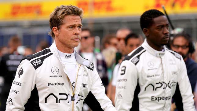 A photo of Brad Pitt and Damson Idris filming for a formula one movie.