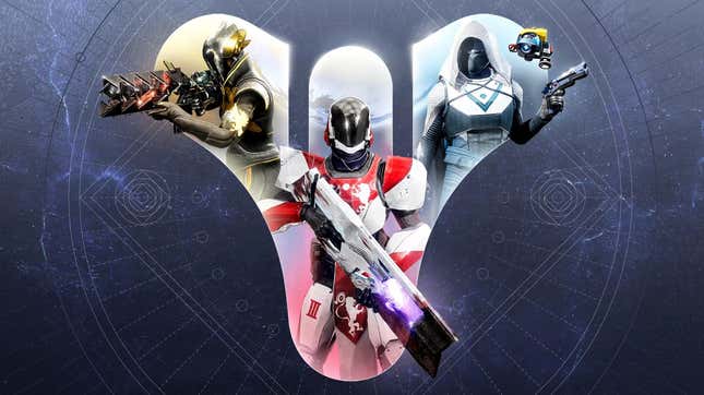 Guardians aims weapons out of a Destiny logo. 