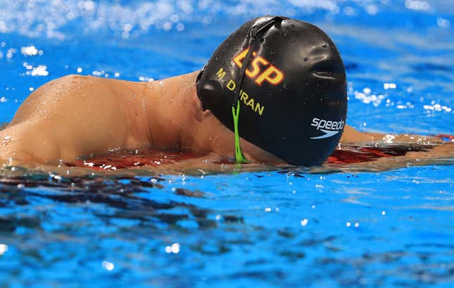 Swimmer Miguel Duran of Spain reacts after being disqualified for a false start in the 400m freestyle heat at the Rio 2016 Olympics. He was later given a reprieve and allowed to compete.