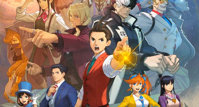 Apollo Justice is surrounded by the cast of the second Ace Attorney trilogy.