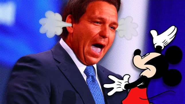 Ron DeSantis angrily yells at a Mickey Mouse while steam erupts from his ears. 