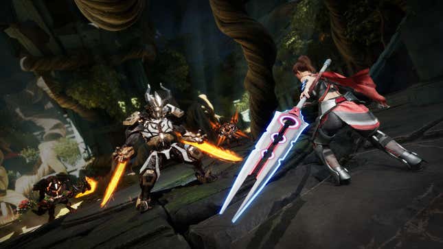 A player character rushes toward an enemy with a sword.