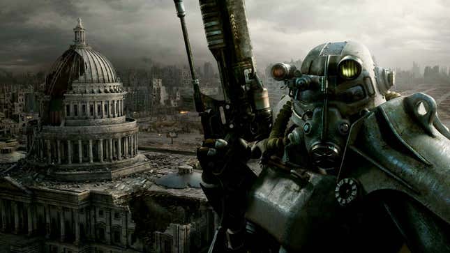 An image shows a person in a large suit of armor as seen in Fallout 3. 