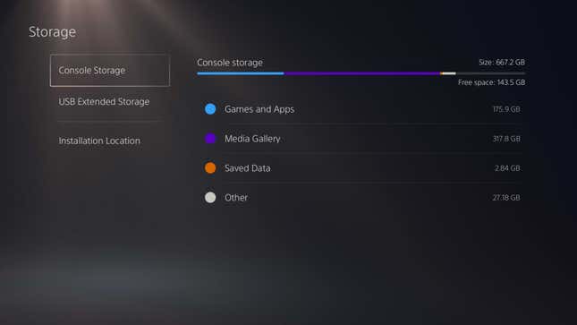 A screenshot of the PS5's dashboard shows a breakdown of storage on the system.