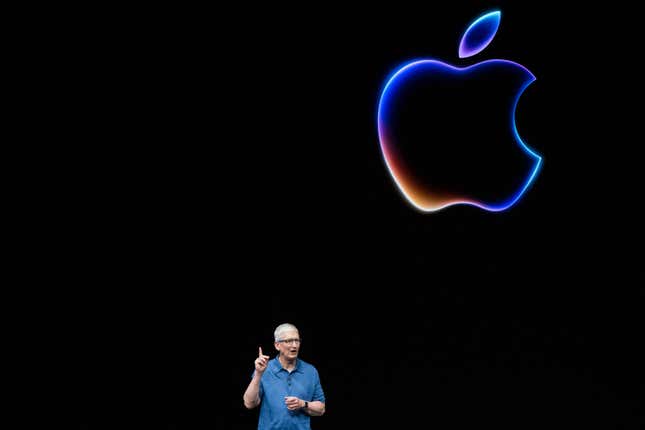 Apple CEO Tim Cook speaks during Apple’s annual Worldwide Developers Conference (WDC) in Cupertino, California on June 10, 2024. 