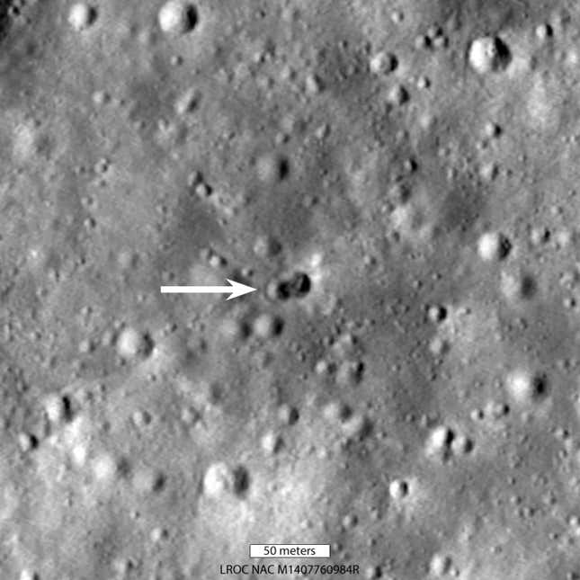 NASA’s Lunar Reconnaissance Orbiter captured an image of the dual crater created by a rocket stage’s collision near the Hertzsprung crater on the moon. The impact site measures approximately 92 feet (28 meters) at its widest point, with the scale bar representing 164 feet (50 meters).