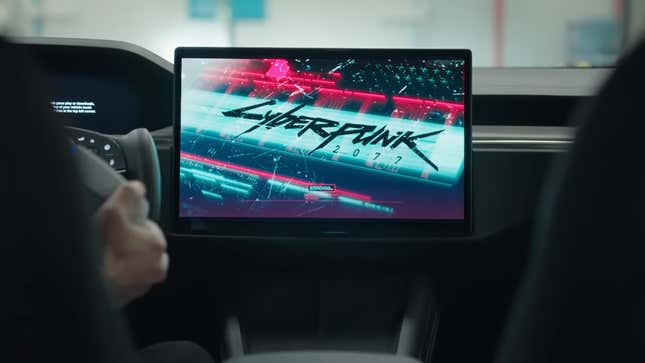 a screenshot of a Tesla playing Cyberpunk. 