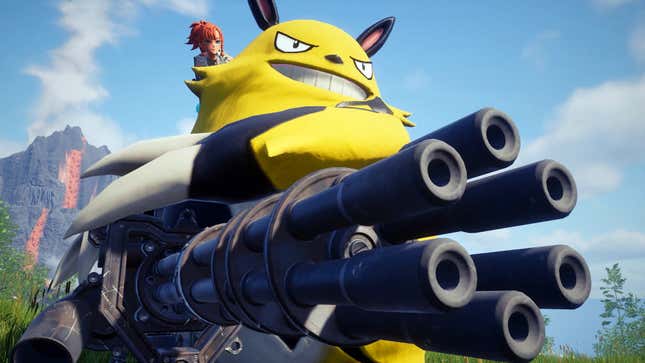 A trainer rides on top of Grizzbolt as they hold a gattling gun.