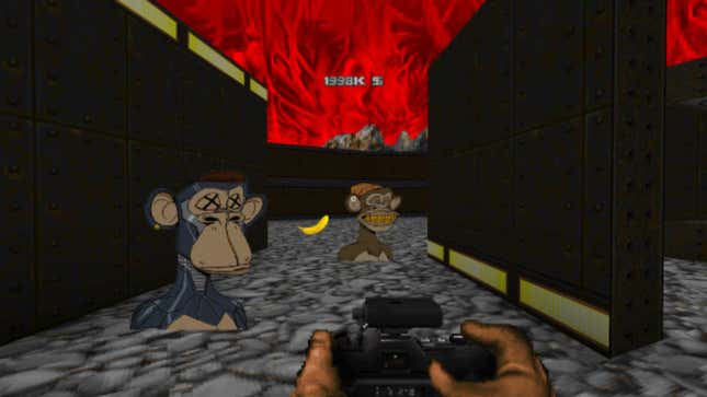 A Doom II player points a camera at Bored Ape NFTs.