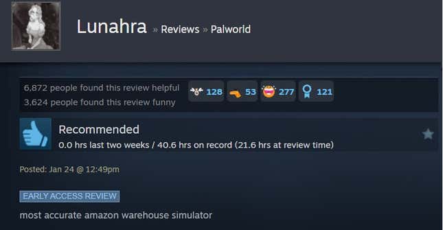 A Palworld steam review reading "most accurate amazon warehouse simulator."