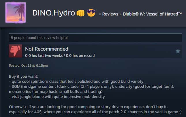 Image for article titled Diablo 4: Vessel Of Hatred, As Told By Steam Reviews