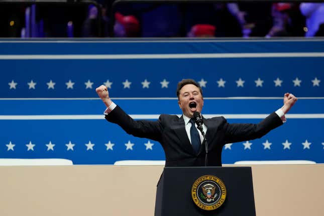 Elon Musk speaks during the 60th presidential inauguration parade at Capital One Arena in Washington, DC, US, on Monday, Jan. 20, 2025. 