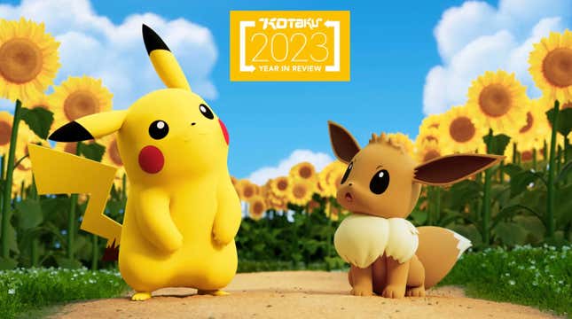 Pikachu and Eevee look up at the Kotaku 2023 Year In Review badge