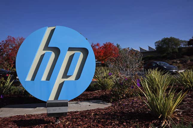 A sign is posted in front of a HP office on November 23, 2022 in Palo Alto, California.