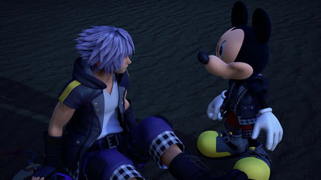 Η Riku και ο Mickey κοιτάζονται στην παραλία στο Kingdom Hearts 3.