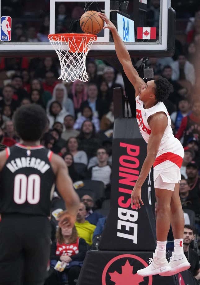 Oct 30, 2023; Toronto, Ontario, CAN; Toronto Raptors forward Scottie Barnes (4) scores a basket against the Portland Trail Blazers during the first quarter at Scotiabank Arena.