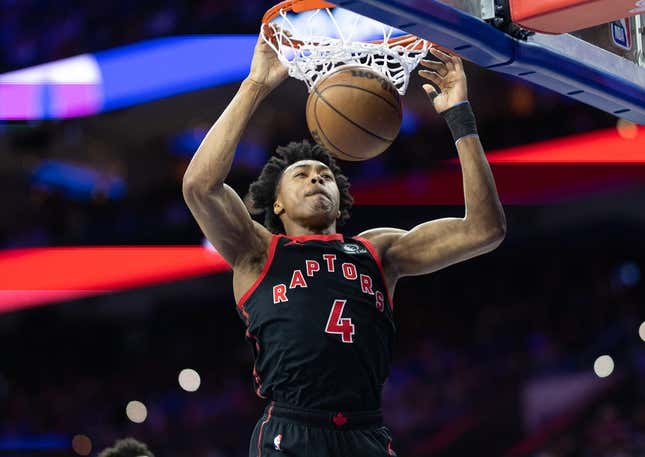 Mar 31, 2023; Philadelphia, Pennsylvania, USA; Toronto Raptors forward Scottie Barnes (4) dunks the ball against the Philadelphia 76ers during the first quarter at Wells Fargo Center.