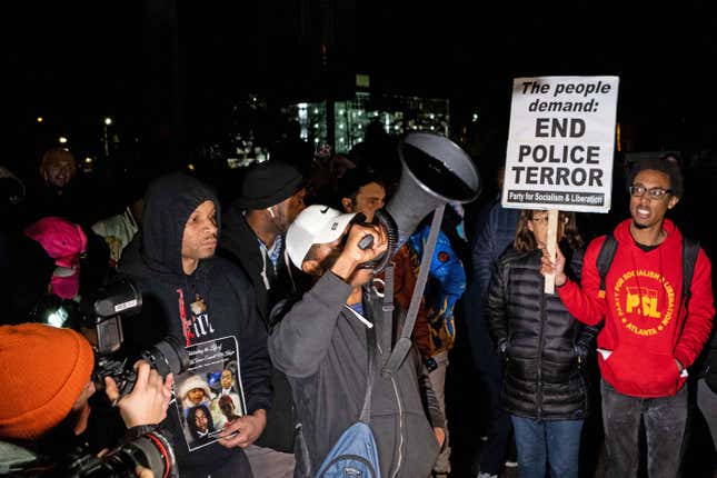 Protesters block traffic as they rally against the fatal police assault of Tyre Nichols, in Memphis, Tennessee on January 27, 2023.