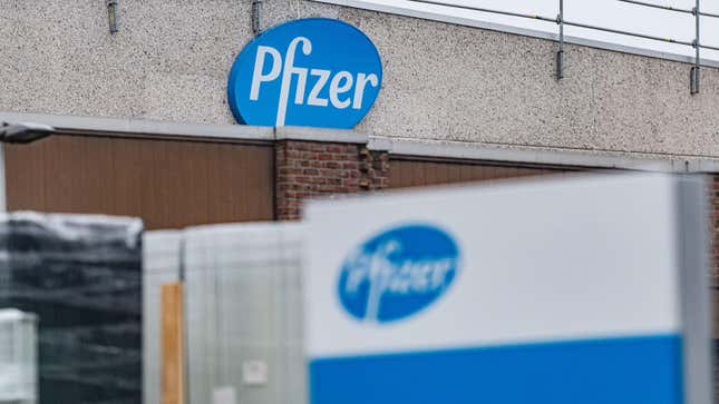 A picture shows the company logo at the US pharmaceutical giant Pfizer plant in Puurs, northeast Belgium, on December 23, 2020.