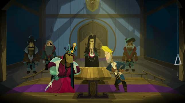 Guybrush faces off across a table in a scene from Return To Monkey Island.