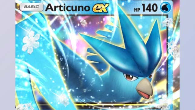 A large blue bird flies out of the borders of the Articuno ex card.