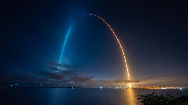 Long exposure of the Crew-2 launch from Kennedy Space Center as viewed from Marina Park in Titusville, Florida over the Indian River.