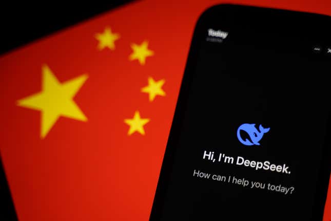 photo illustration of the DeepSeek app on a smartphone screen with the flag of China in the background