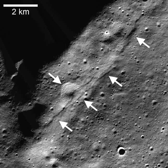 An LRO image of a thrust fault scarp near the lunar south pole.