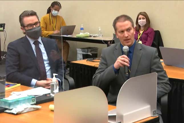 In this April 15, 2021, file image from video, defense attorney Eric Nelson, left, and defendant, former Minneapolis police Officer Derek Chauvin, address Hennepin County Judge Peter Cahill at the Hennepin County Courthouse in Minneapolis.