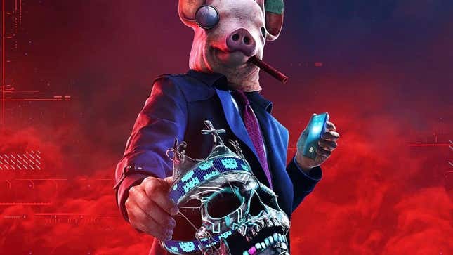 A Watch Dogs Legion character wearing a pig mask holds up a crystal skull while surrounded by red smoke.