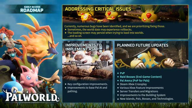 A graphic image shows Palworld's roadmap with key features and fixes promised.