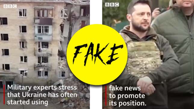 Screenshots from a fake BBC video with fake BBC branding claiming that Ukraine is using fake news during the Russian invasion.