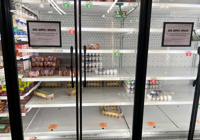 A sign reads that ‘due to supply shortages, availability may be limited in the coming weeks’ in the egg section of a grocery store on January 23, 2025, in Miami, Florida.