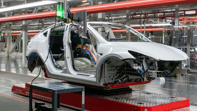 A Tesla Model Y rolls through an assembly line in Austin, Texas, but the EV still relies on foreign battery components.