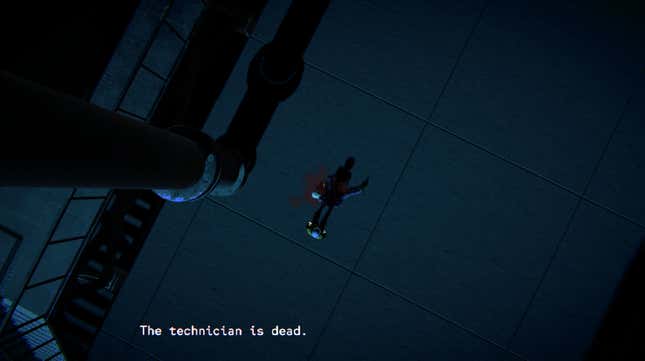 A worker overlooks a dead body and text reads "The technician is dead."